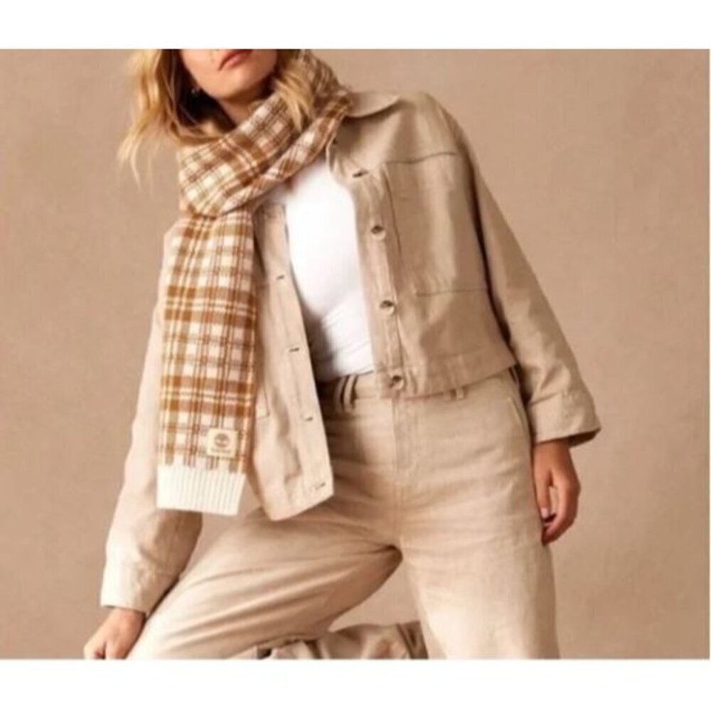 Timberland Scarf Womens One Size Camel Tan Ivory Buffalo Plaid Ribbed Hem Cozy